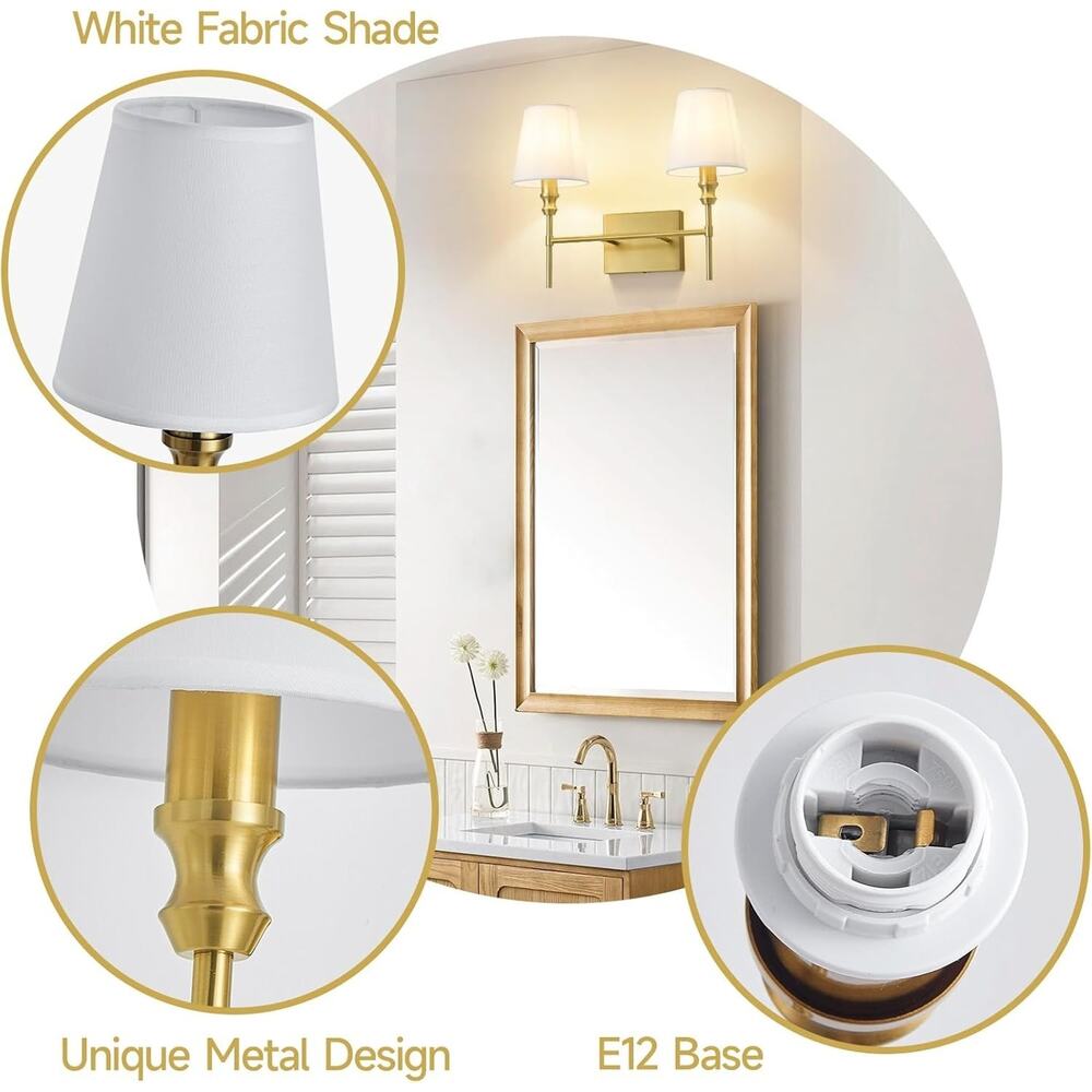 2-Light Brushed Brass Bathroom Vanity Light with White Fabric Shades - Picture 5 of 5